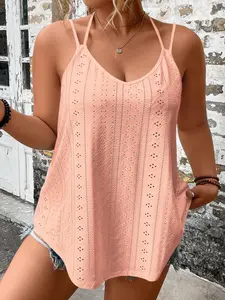 Plus Size Women's Tank Top, 2026 Summer Hollow Out Mesh Design, Adjustable Thin Straps, Loose Fit, Vintage Casual Style Sleeveless Shirt, Beach Wear