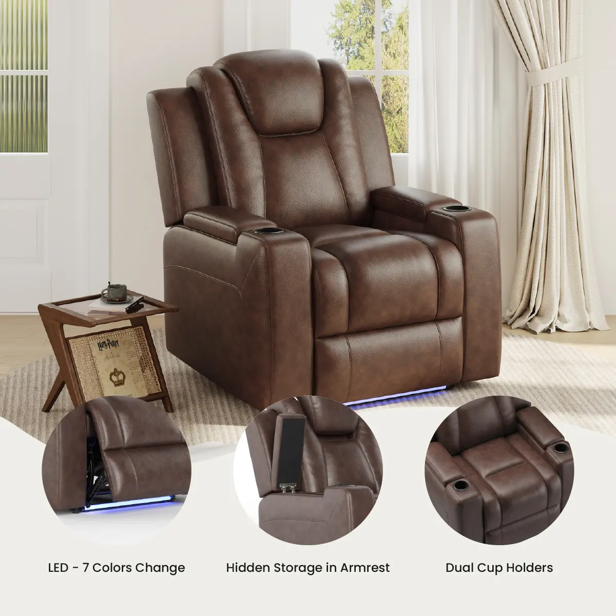 COLAMY Luxe 2-Motor Power Recliner with Premium Eco-Leather – Dual Hidden Storage & Cup Holders, LED Light, USB-C, for Home Theater / Living Room / Media Room