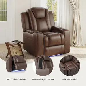 COLAMY Luxe 2-Motor Power Recliner with Premium Eco-Leather – Dual Hidden Storage & Cup Holders, LED Light, USB-C, for Home Theater / Living Room / Media Room
