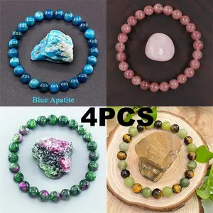 4Pcs Handmade Natural Stone Beaded Bracelet Set Elegant Woemn Bohemian Beaded Bracelet Men Chain - Strawberry Quartz Stone, Malachite, Rose Quartz, Moonstone, Tiger Eye, Vermillion Stones Lucky Bracelet Wedding Party Gift