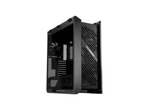 The ASUS ROG Strix Helios II is an EATX mid-tower gaming PC case featuring dual tempered glass panels and an aluminum diamond-grille design, four pre-installed fans for advanced cooling, and support for GPUs up to 450mm. It also includes a