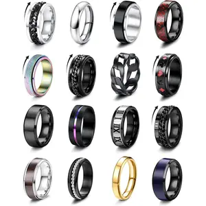 NBB13 16Pcs Stainless Steel Fidget Rings for Men Women Stress Anxiety Relief Rings Black Cool Chain Band Spinner Rings Set for Wedding Promise Mens Rings Pack