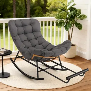Oversized Rattan Papasan Rocking Chair with Extendable Footrest – Thick Removable Polyester Cushion – Sturdy Metal Frame – Indoor/Outdoor Patio Ottoman – Comfortable Reclining Lounge Chair for Porch, Lawn, Garden, Bedroom