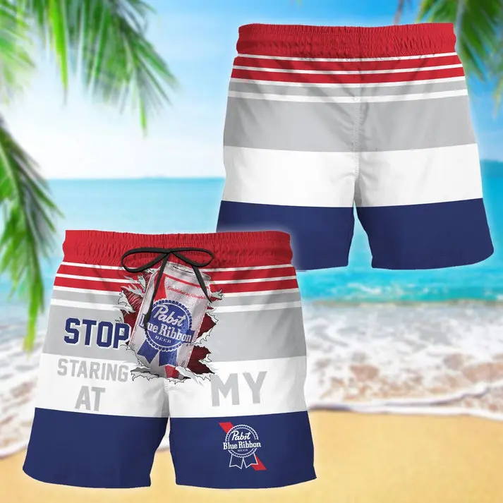 Pabst Blue Ribbon 'Stop Staring' Horizontal Striped Swim Trunks – Funny Beer-Inspired Summer Shorts for Men | Bold Retro Stripe Design with PBR Attitude | Perfect for Pool Parties, Beach Days, or BBQs | Chill Fit with a Wink