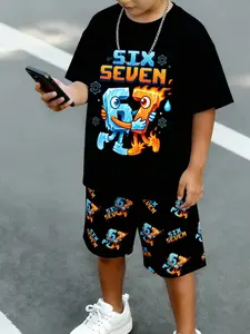 Boys' Summer Ice and Fire Cartoon Print Short Sleeve Set, Trendy Sportswear Two-Piece, Casual Fitted Suit for Middle School Boys