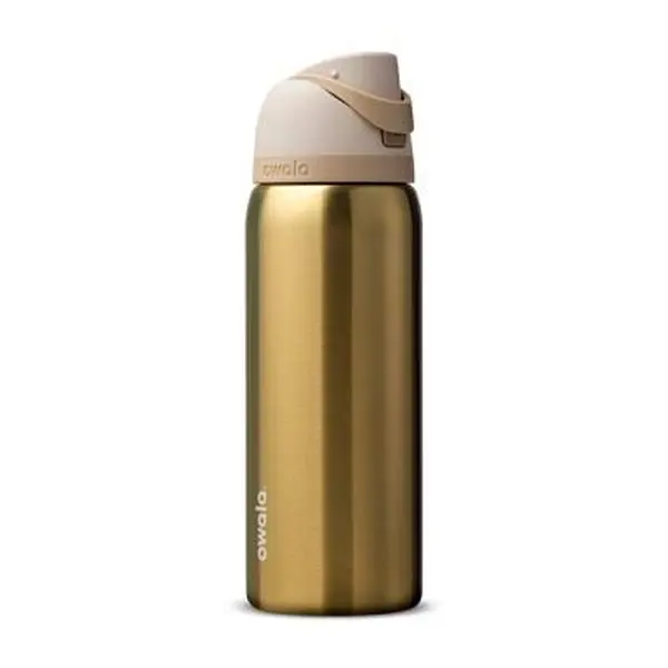 Owala FreeSip 32 oz insulated stainless steel water bottle, special edition—holiday gold metal “Absolute Sled” design, patented 2-in-1 drinking/gulping spout, 100% leakproof, button-operated gym bottle, popular holiday travel cup