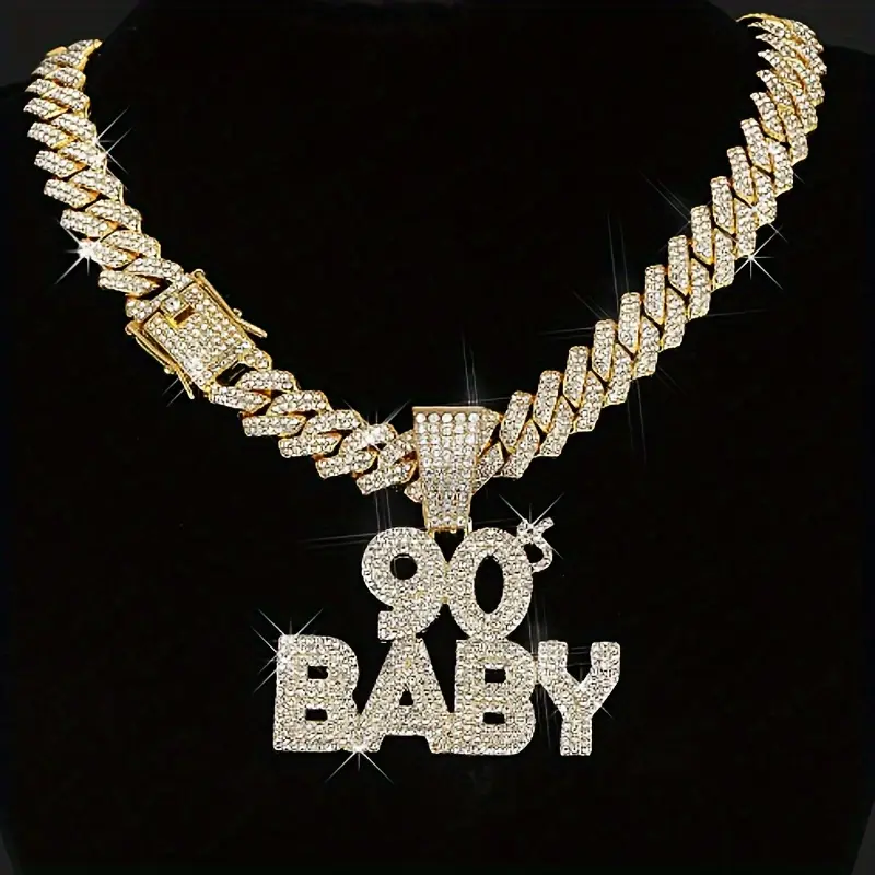 Unisex Geometric 90s Hip Hop Cuban Links Necklace, "90's BABY" Pendant, Adjustable Rhinestone-Coated Chain & Link (51cm-80cm) for Casual Daily Wear, Ideal for Birthday, Father's Day