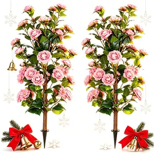 36 Inch Real Touch Artificial Pink Camellia Ground Stake Flowers, UV Resistant Waterproof Weatherproof Outdoor Fake Floral Tree Ornaments, Rustic Cottage Core Decor For Christmas Front Porch, Garden, Patio, Wedding Ceremony & All Season Outdoor Spaces
