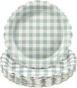 Sage Green Gingham Party Plates 30PCS, 9" Scalloped Plaid Paper Plates, Aesthetic Picnic Tableware for Baby Shower, Bridal Shower & Farmhouse Party Decor