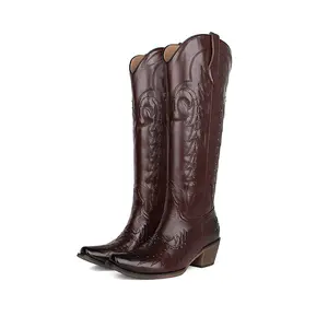 Cowboy Boots for Women, Knee High Cowgirl Boots with Classic Embroidered, Pointed Toe Chunky Heel Western Boot, Pull On Retro Vintage Tall Boot