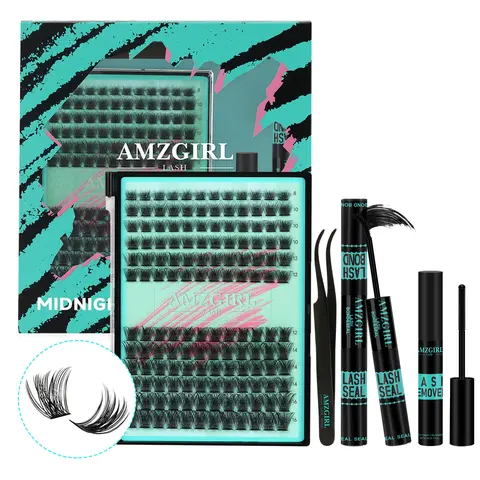 AMZGIRL D-Curl Volumized False Eyelash Clusters Kit, 144pcs Waterproof Individual Eyelashes Extensions with Bond, Seal, Remover, Applicator for Summer Outfits, Vacation Looks (Cosmetic Accessories Bundle)