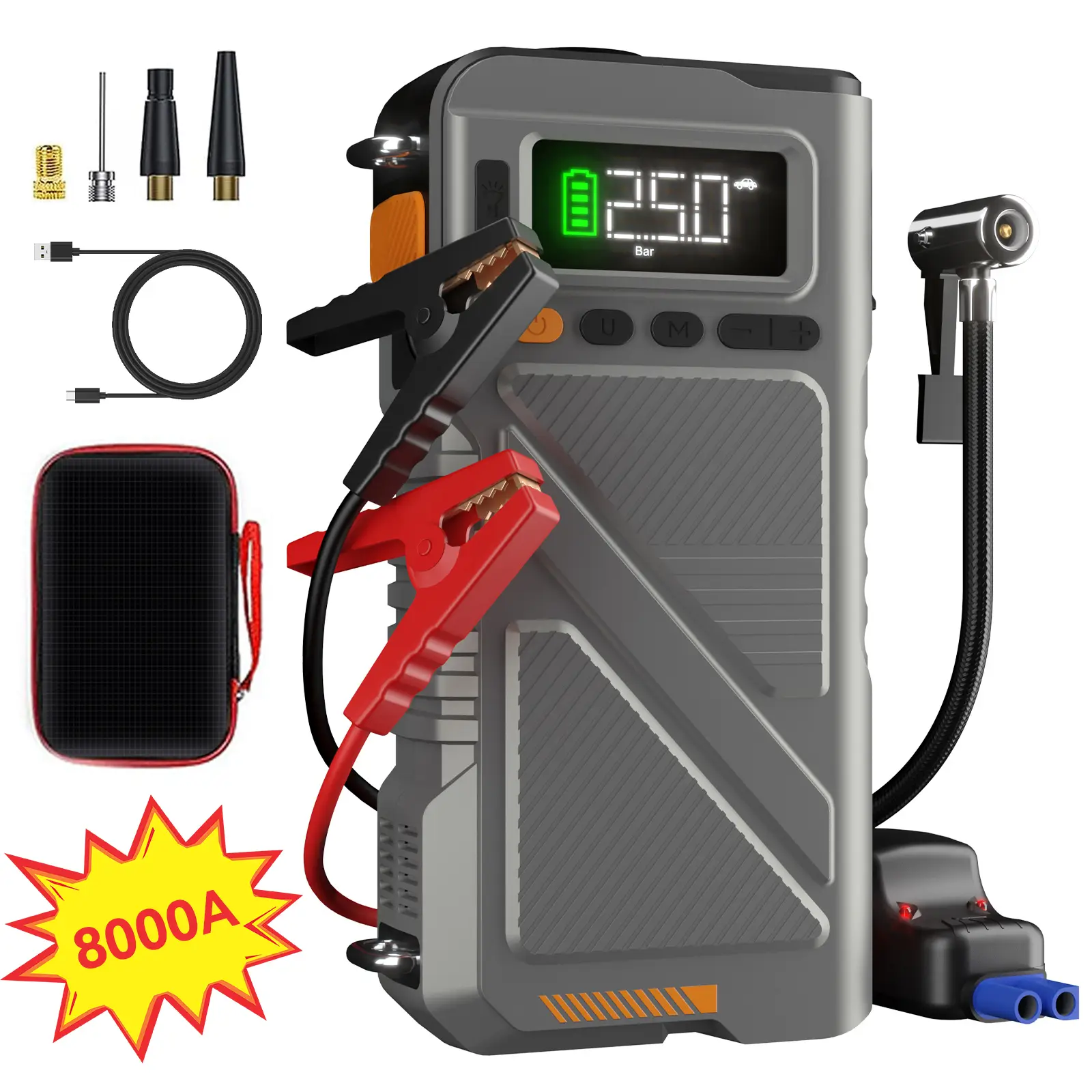 Geeneu 8000A Portable Starter with Air Pump, 10-in-1 for Gas & Diesel, 12V Lithium Battery Starter Power Pack, 150PSI Tire Inflation Combination Autom
