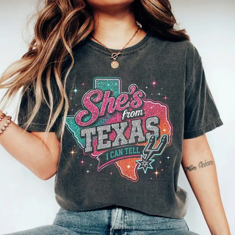 Go Spurs - She's from Texas Basketball Shirt, Game Day Graphic Fan Gift, Basketball Tee For Women and Men