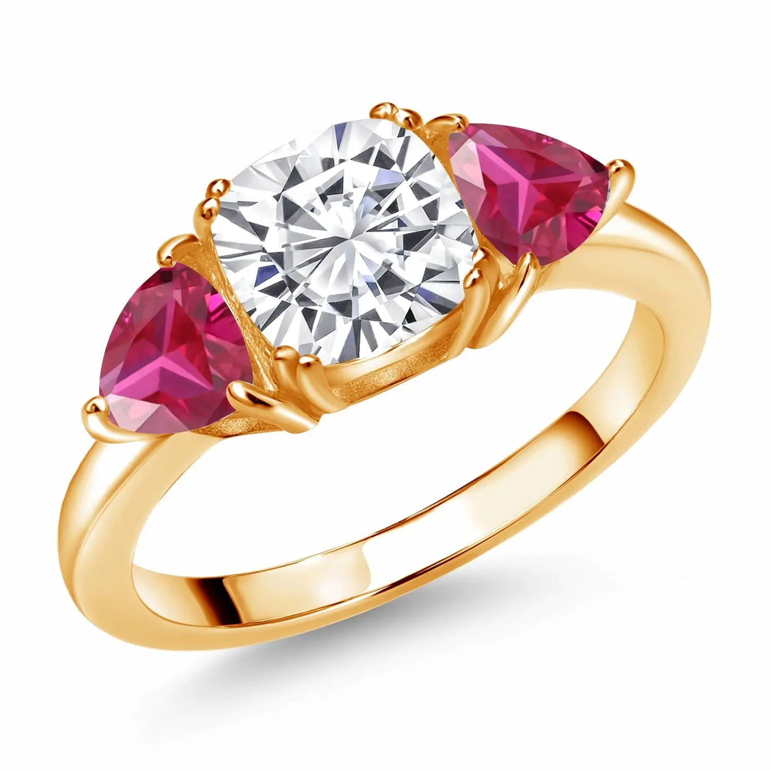 Gem Stone King 18K Yellow Gold Plated Silver Gemstone Birthstone and Created Ruby 3-Stone Engagement Ring for Women | 7MM Cushion and 5MM Trillion | Three Stone Promise Anniversary Wedding Ring | Sizes 5-9
