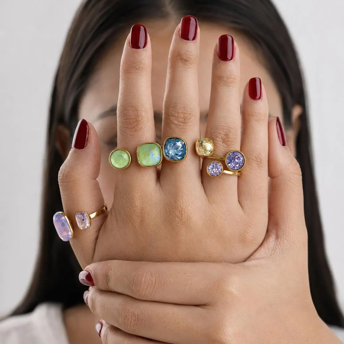 Emma's Heart Multicolor Artificial Gemstone Open Adjustable Ring, 316L Titanium Steel Unisex Statement Jewelry Gift for Women, Unisex Ring