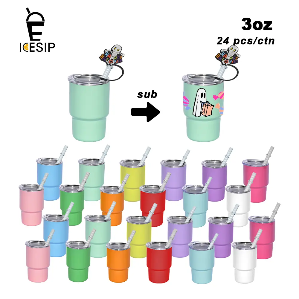 ICESIP Unisex 24pcs 3oz Portable Stainless Steel Sublimation Mini Tumblers Shot Glasses, with Plastic Straw & Lid, for Whiskey, Home Supplies, 24Pcs,With Plastic Straw