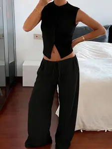tiktokshopspringglowup Black ribbed sleeveless button top+wide leg drawstring pants set | Easy, quiet and luxurious, slim fit crop top, flowing and comfortable pants, all casual and fashionable # OOTD # ViralFashion