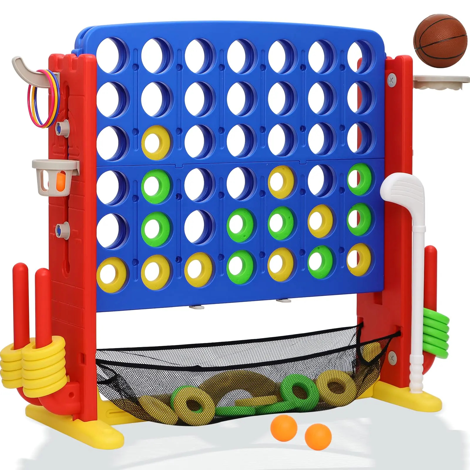 Giant 4 in A Row Game Height Adjust Connect 4 Jumbo Yard Game Set for Kids & Adults with Mesh Catching Bag Golf Basketball Hoop & Ring Toss, 4-to-Score Games for Indoor/ Outdoor Fun