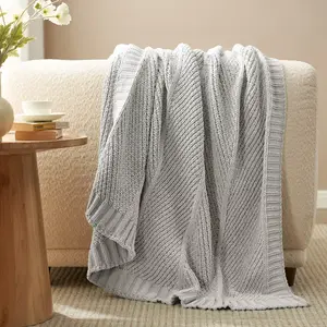 Chenille Chunky Knit Chevron Throw Blanket, 50"x 60", Gray-Amelie Home