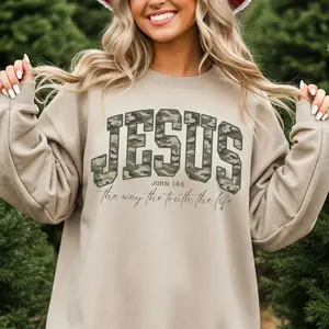 Jesus Camo Sweatshirt – Christian Faith Pullover for Women, John 14:6 Bible Verse Sweater, Cozy Fall Winter Outfit, Inspirational Gift for Church or Everyday Wear