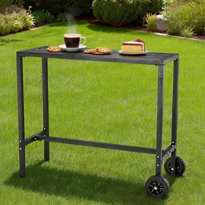 39 Inch Mobile Outdoor Bar Table with Wheels, Waterproof Metal Top Counter Height Patio Table, Heavy Duty Rolling Serving Cart for Balcony, Yard and Kitchen, Black