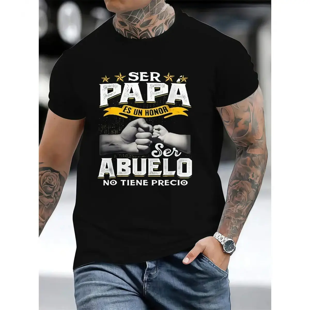 Men's Classic Round Neck Fitted Cotton Graphic Shortsleeve Sports Shirt - Breathable Menswear, Smooth Soft Fabric, Funny Grandpa Gift, "Ser Papa Es Un Honor Ser Abuelo No Tiene Precio" Print, Digital Print, Casual Sport
