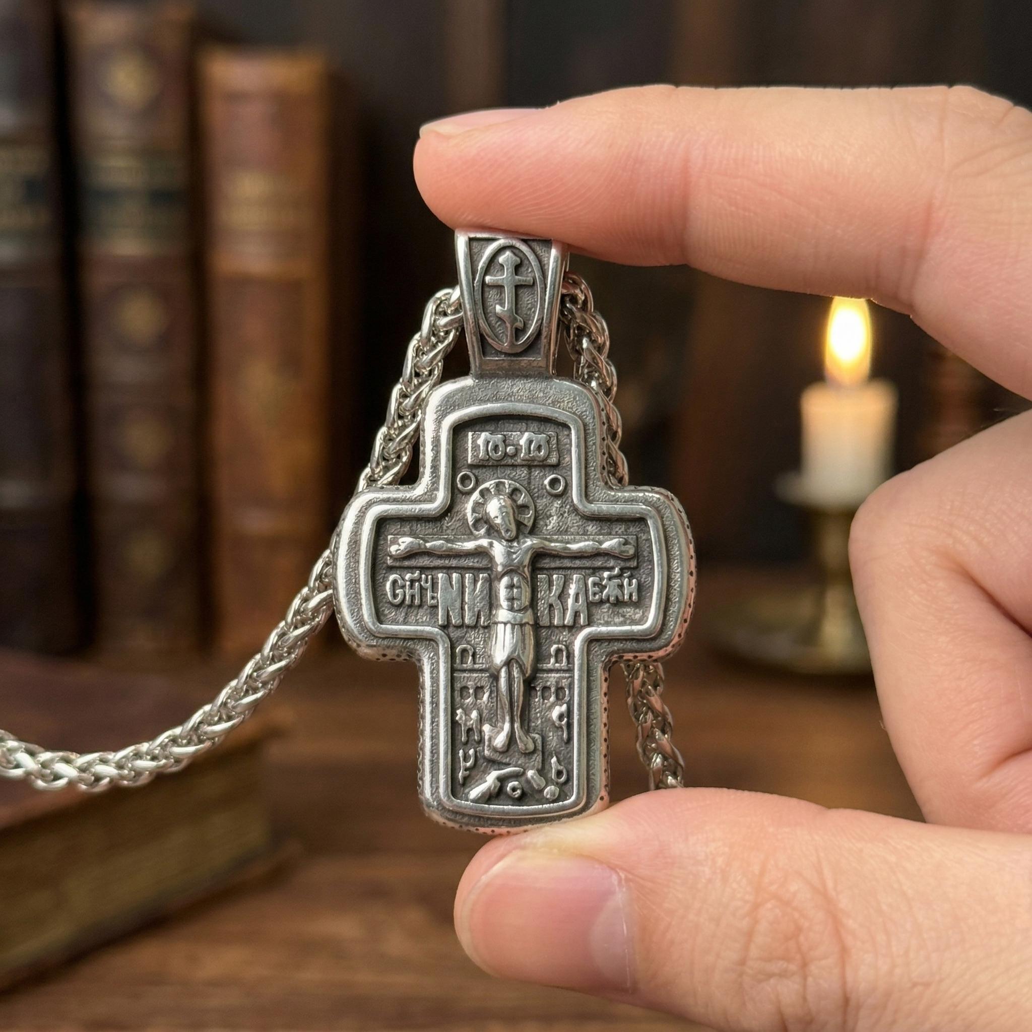 Orthodox crucifix necklace for men, stainless steel Christian cross pendant, religious men's jewelry for faith, baptism confirmation gift