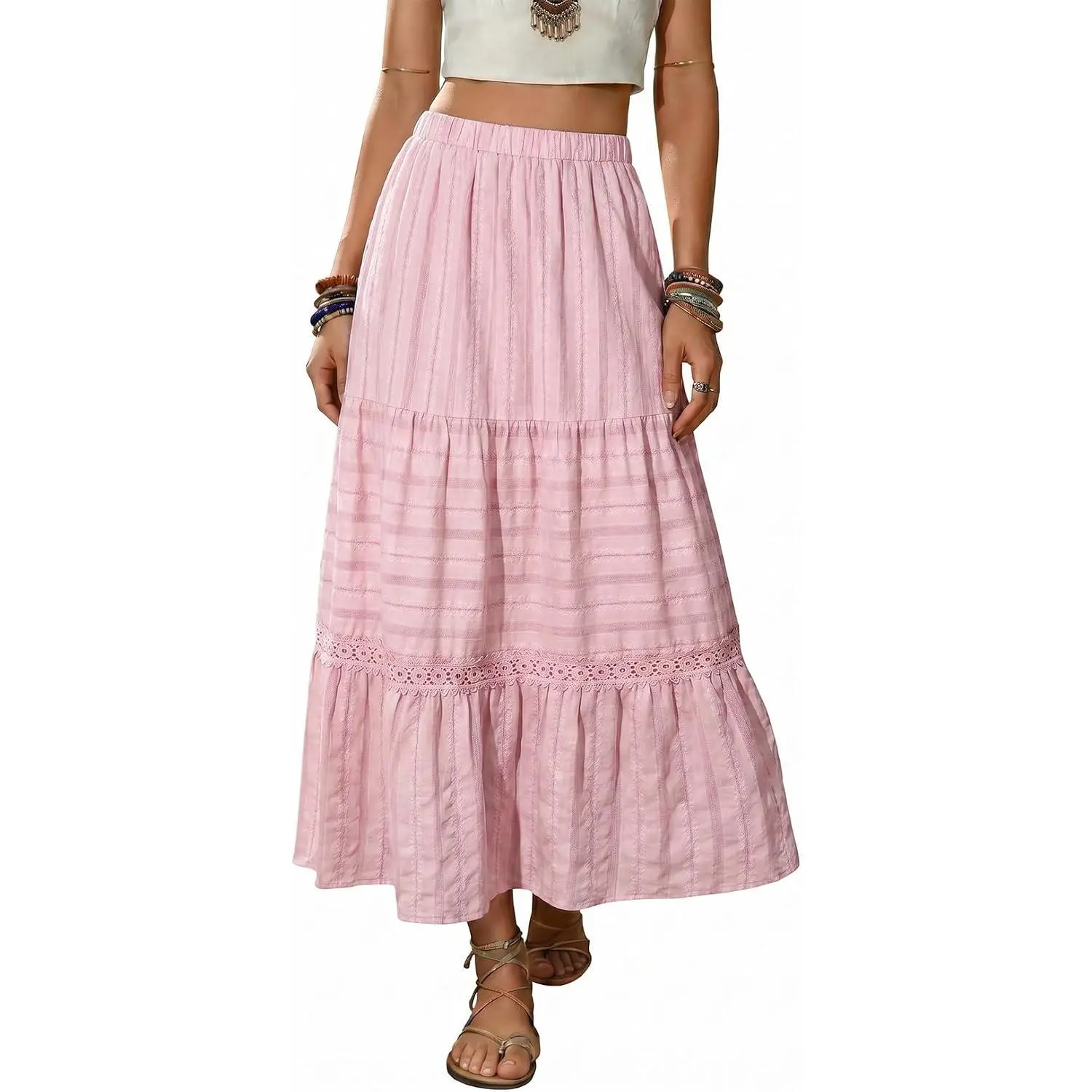 Women's Boho Tiered High Waisted Cotton Long Flowy Skirt | Elastic Waist,Crochet Lace,Double Layered,Pleated A Line Maxi Skirts for Women,Beach Vacation Summer Skirt Fall Outfits
