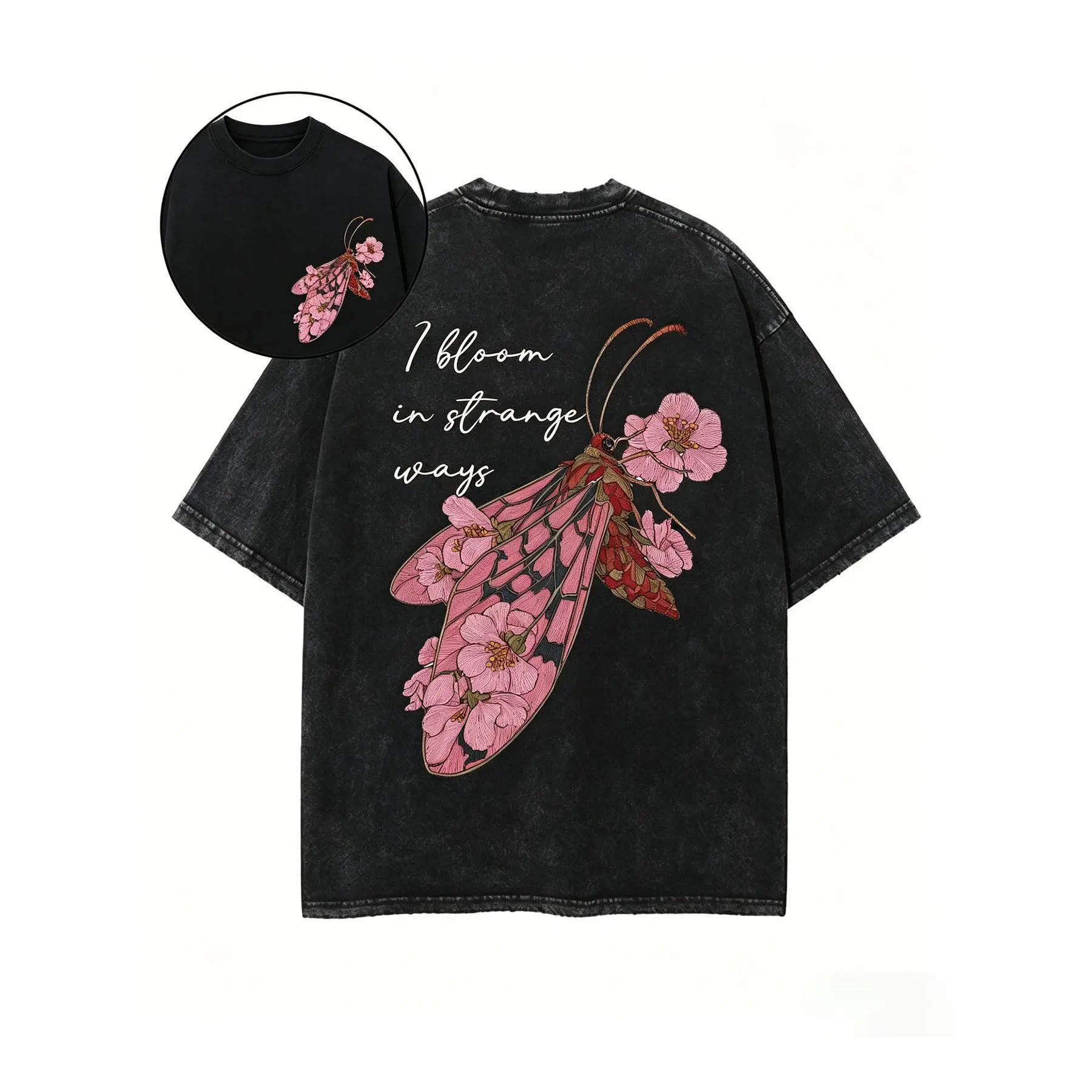 Vintage Washed "I Bloom In Strange Ways" Moth & Flower Graphic Tee - Whimsical Streetwear Black Washed "I Bloom In Strange Ways" Cotton T-Shirt - Nature-Inspired Casual Top