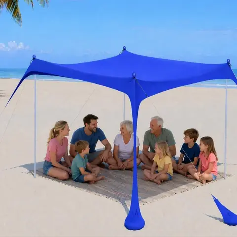 2PM SPORTS 10x10 ft Foldable Lightweight Canopy, Sturdy Steel Frame Sun Protection Shelter, Windproof Portable Camping Tent with Adjustable Strap, 8 Heavy-Duty Sandbags for Picnic Beach Use