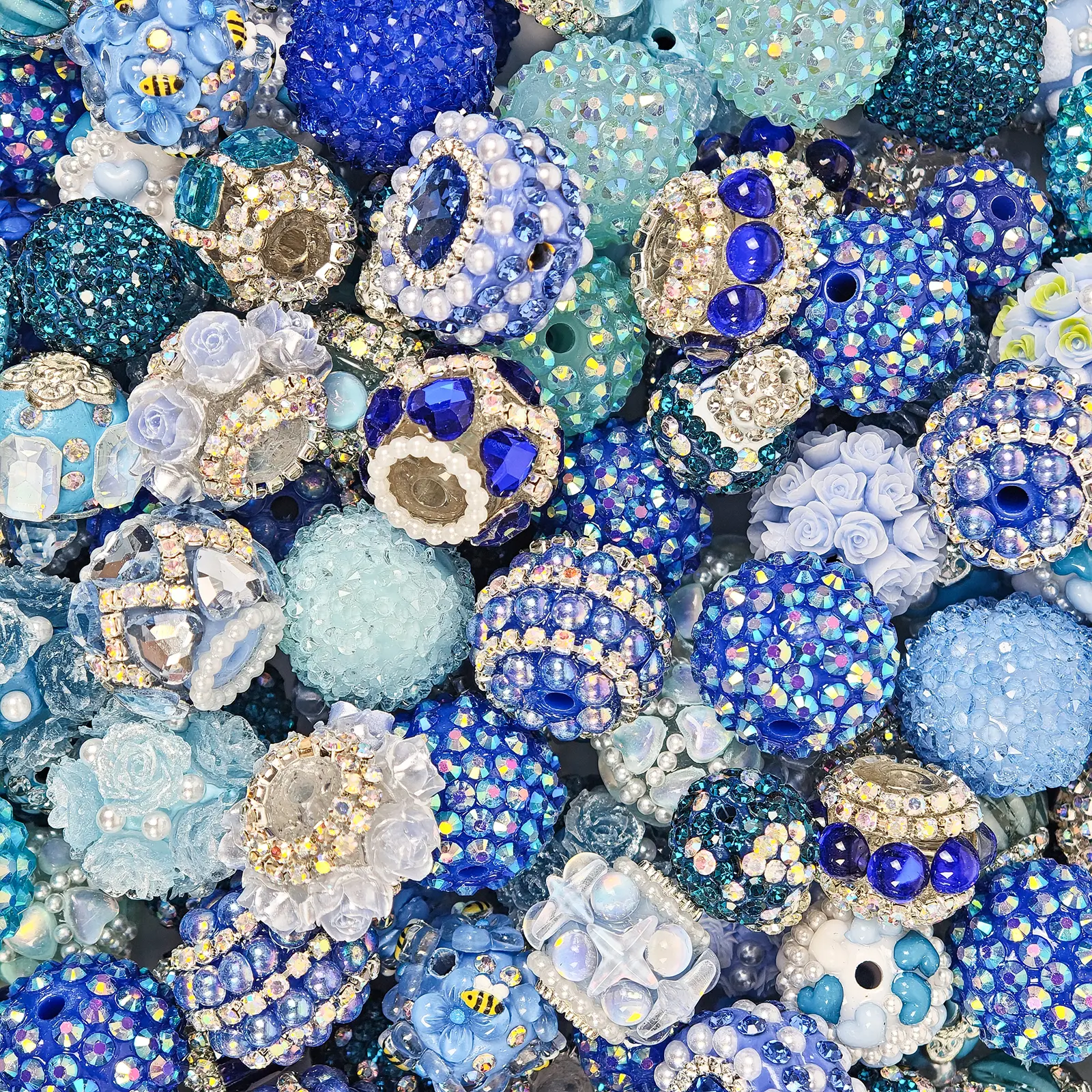 10pcs random mixed blue tone resin beads, multi-shape rhinestone-wrapped large-hole resin beads, suitable for DIY beaded pens, bracelets, and jewelry-making craft supplies.