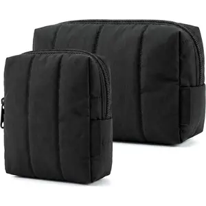 Small Travel Makeup Bag for Purse Toiletry Pouch, Puffy Padded Mini Cosmetics Bag, Cute Make Up Pouch for Women with Slip-in Pocket, Travel Essentials for Toiletries, Baby Pink