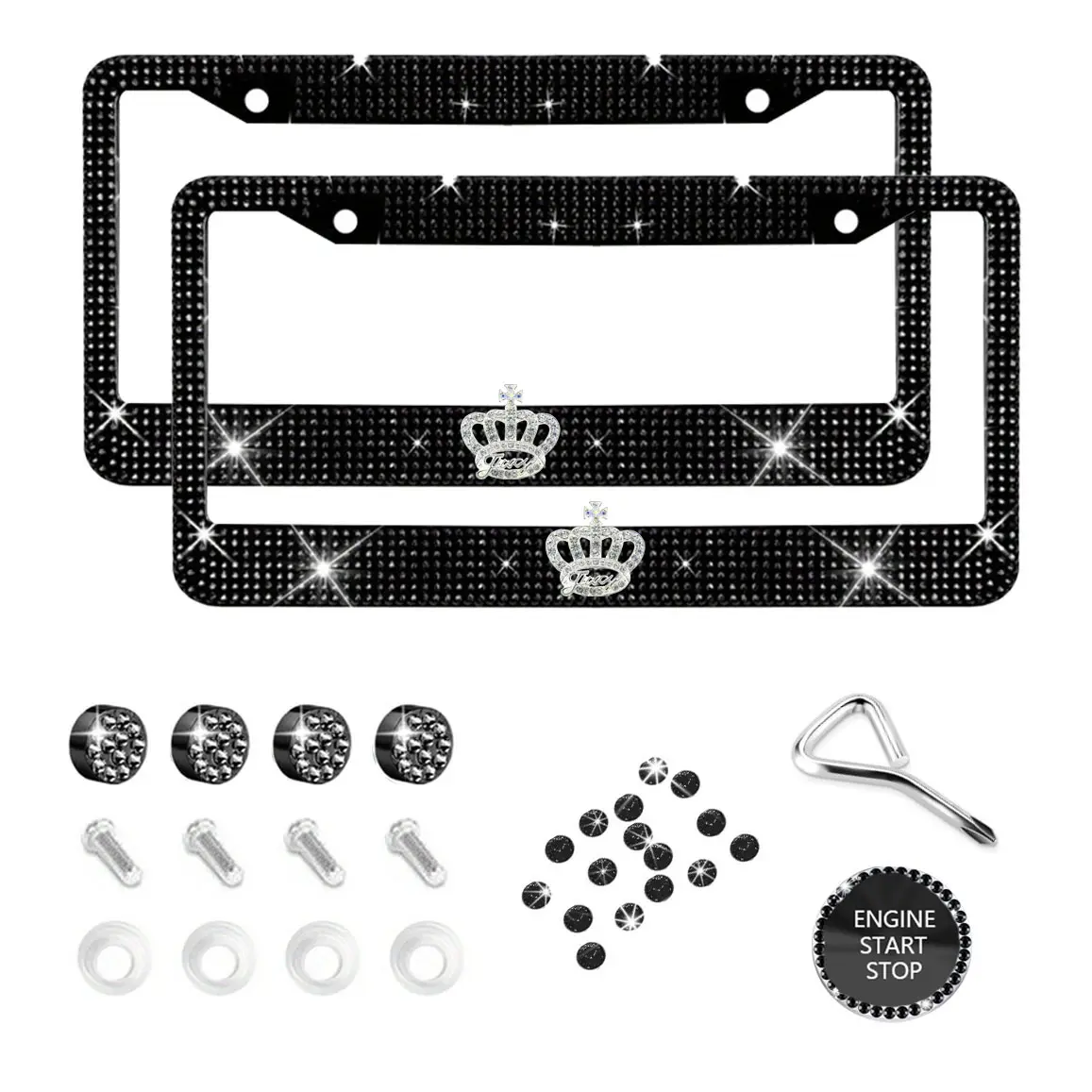 This luxury crown bling license plate frame is covered in full crystal rhinestone glitter, comes in black or pink, includes anti-rust hardware, fits US standard plates, and adds a royal sparkle to any car exterior