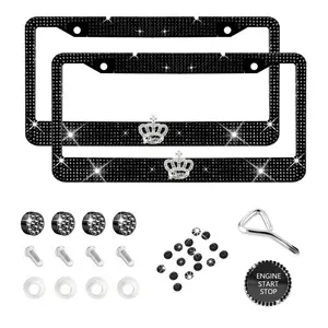 This luxury crown bling license plate frame is covered in full crystal rhinestone glitter, comes in black or pink, includes anti-rust hardware, fits US standard plates, and adds a royal sparkle to any car exterior