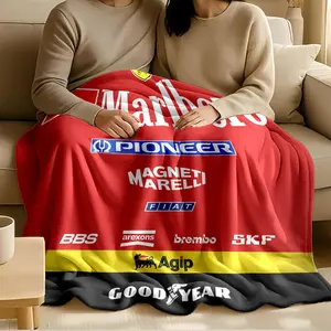 1 piece Classic Ferrari racing sponsors lineup themed flannel blanket - Oversized comfortable fluffy sofa blanket, suitable for beds and sofas, modern geometric pattern design, all-season multi-purpose use, digital printing, 100% polyester