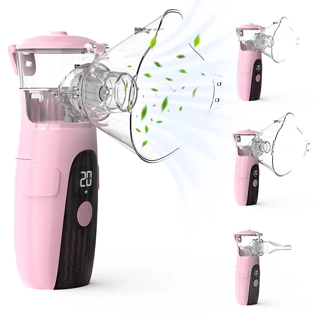Pink Portable Lightweight Mesh Nebulizer - Rechargeable Quiet Ultrasonic Inhaler for Adults, with Adjustable Gentle Sensitive Care, 1-Touch Self-Cleaning, Adult/Child Masks, Mouthpiece, Daily Home/Travel Respiratory Device