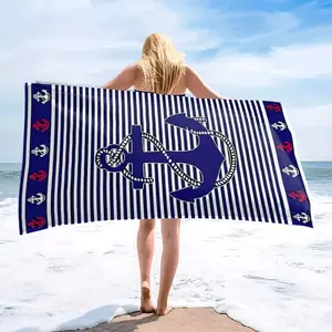 Navy Anchor Striped Vintage Nautical Beach Towel, Skin-Friendly, Absorbent, Quick-Dry, Perfect for Beach, Pool, Summer Travel, Home Use