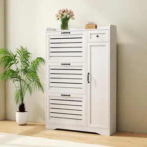 Shoe Storage Cabinet with 3 Flip Drawers, Freestanding Hidden Wooden Shoe Storage, Drawer & Adjustable Shelves, Slim Shoe Organizer for Entryway, Modern Shoe Cabinet for Hallway, bedroom, White