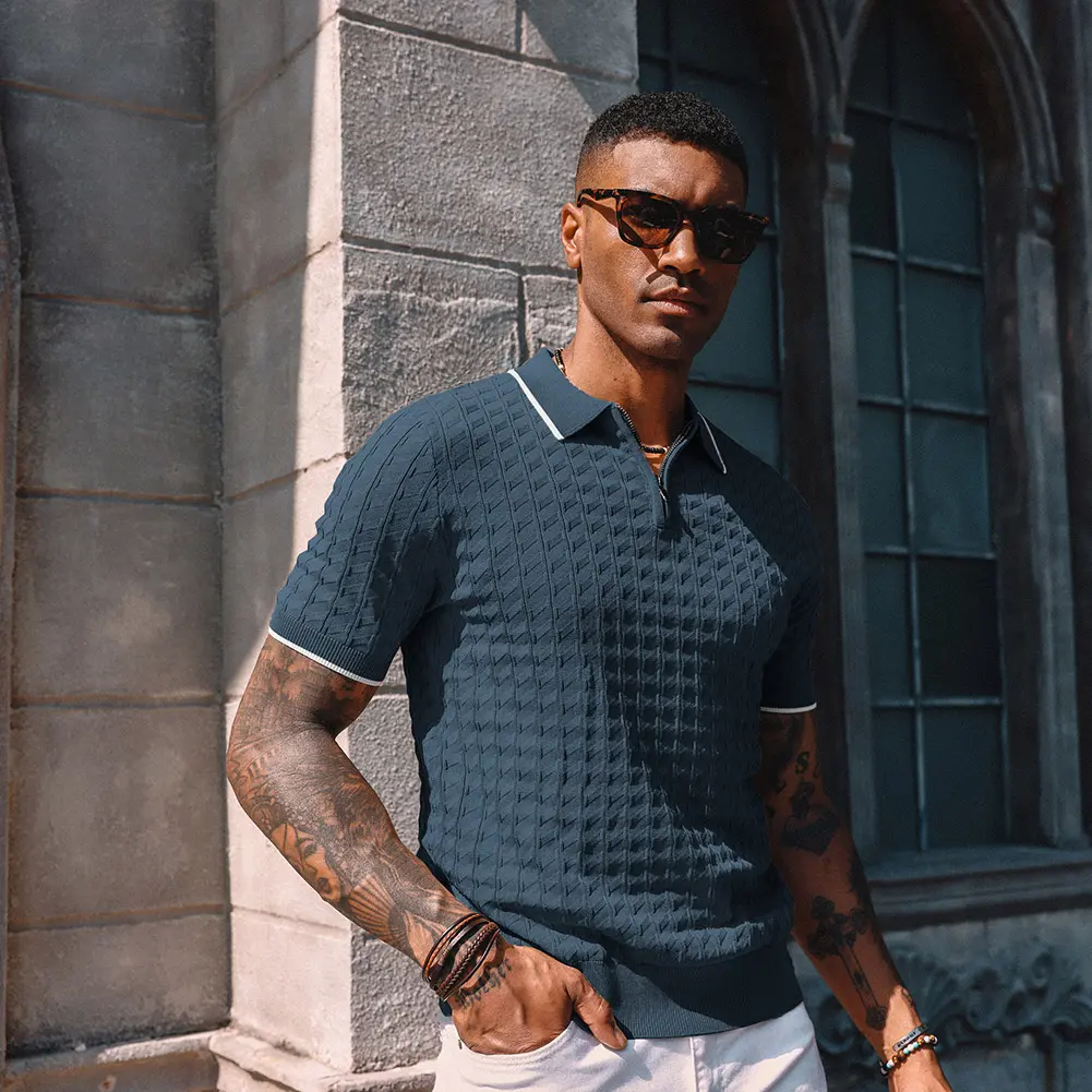 PJ PAUL JONES Men's Knit Polo Shirts Short Sleeve Quarter Zip Polo