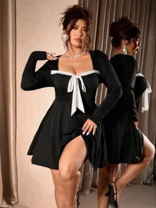 Plus Size Women's Formal Evening Dress, Colorblock Patchwork Bodice, Long Sleeve Pure Color, Bodycon Fit, Perfect for Parties