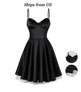 Women's Luxury Satin Little Black Dress Holiday Concert Spaghetti Strap Rock Mini Skirt OutdoorFun Basic Strappy Womenswear