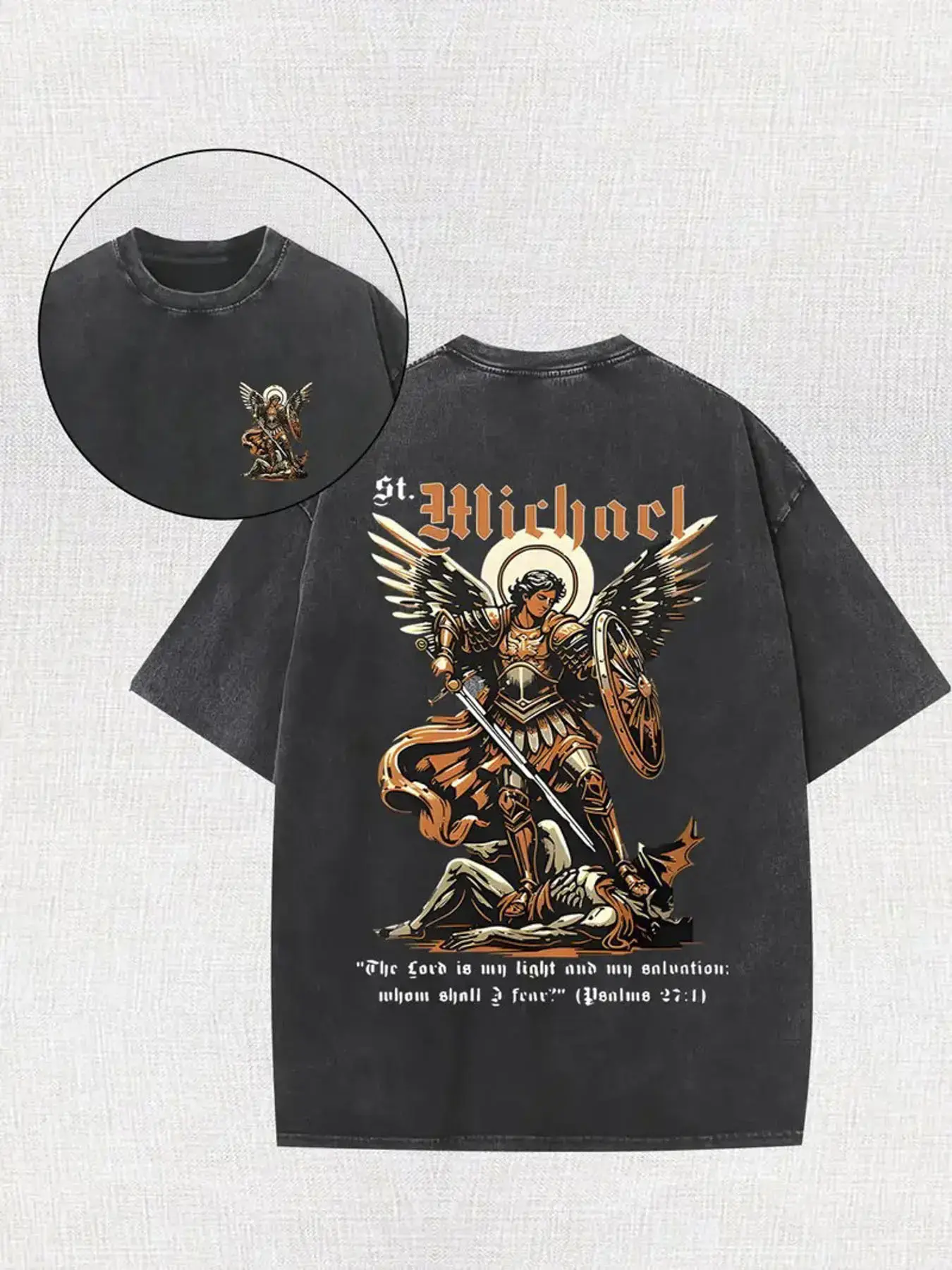 ST 100% Cotton Men's 230GSM Heavyweight Distressed Vintage Batik Short-Sleeve T-Shirt - Double-Sided Washed Christian Faith Top with Michael the Archangel, Psalm 18:15 Bible Verse, All-Season Round Neck Casual Menswear for Sport, Tshirt, Shortsleeve, Vint