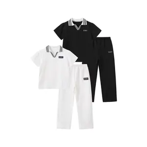 #SummerVibes 4-Piece Set: Boys' Spring/Summer Collared Short-Sleeve Polo Shirts and Elastic-Waist Pants-Black and White Versatile Kids' Clothing, Breathable, Comfortable, and Stylish Boys' Outfit