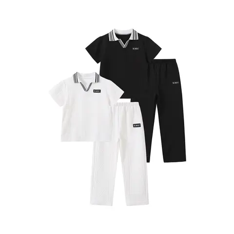 #SummerVibes 4-Piece Set: Boys' Spring/Summer Collared Short-Sleeve Polo Shirts and Elastic-Waist Pants-Black and White Versatile Kids' Clothing, Breathable, Comfortable, and Stylish Boys' Outfit Suitable for ages 3-10