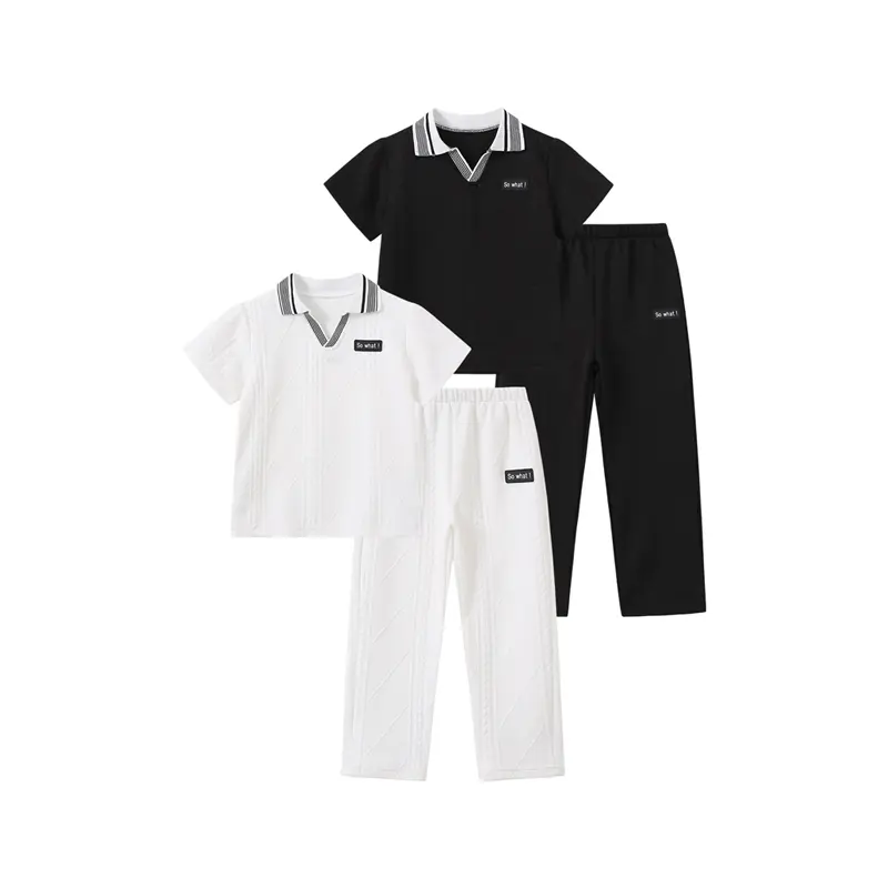 #SummerVibes 4-Piece Set: Boys' Spring/Summer Collared Short-Sleeve Polo Shirts and Elastic-Waist Pants-Black and White Versatile Kids' Clothing, Breathable, Comfortable, and Stylish Boys' Outfit Suitable for ages 3-10