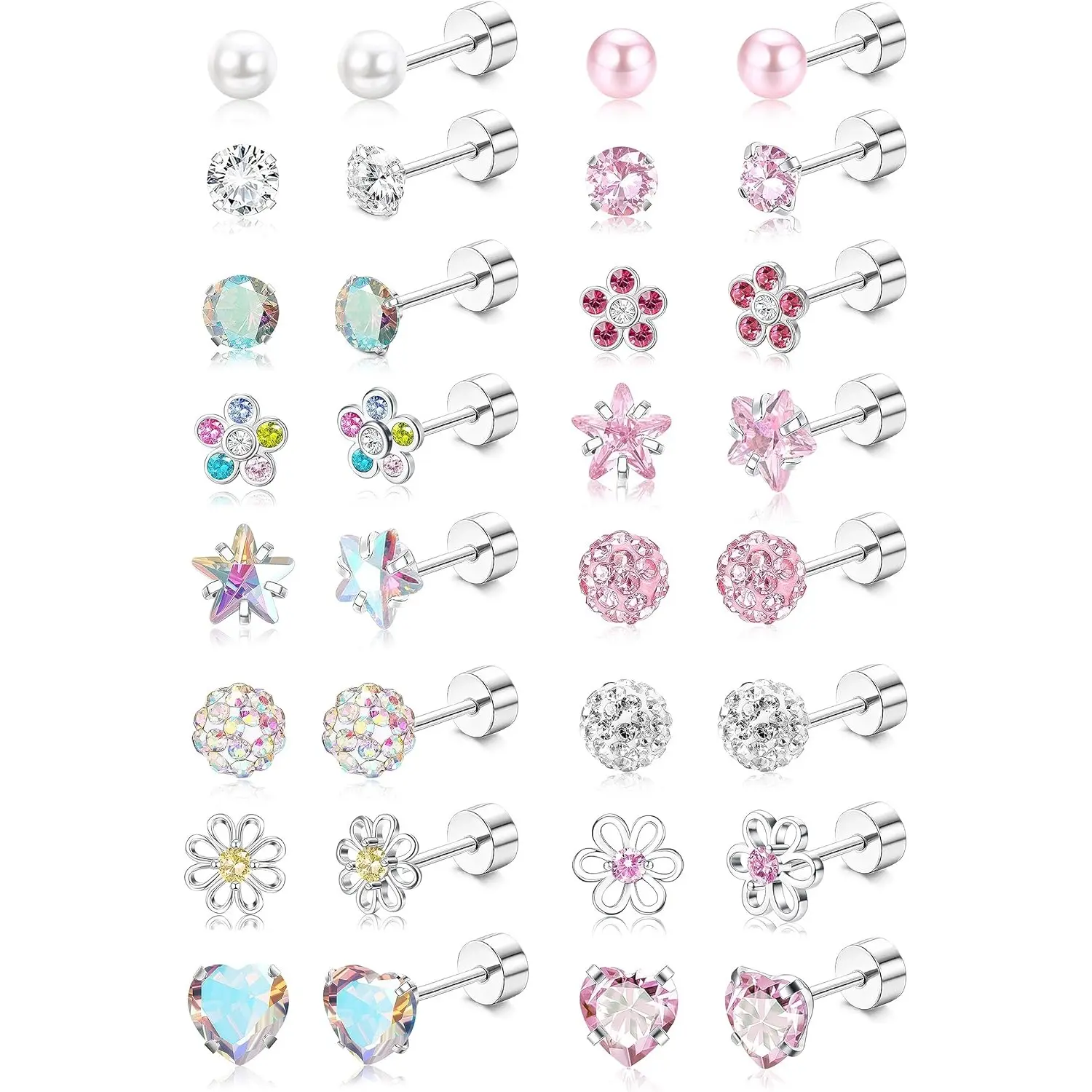 16-Pair Dainty Stud Earrings Set for Women, 20G Hypoallergenic Surgical Steel Flat Back Screw Studs with Artificial Zirconia, Faux Pearls, Heart & Floral Shapes, Artificial Zirconia Earrings, 16 Styles To Mix, Flat Back Earrings