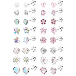 THUNARAZ 16 Pairs Colorful Screw Back Earrings for Women Hypoallergenic Cute Tiny CZ Faux Pearl Ball Heart Flower Screwback Flat Back Stud Earrings Set 20G Surgical Steel Tiny CZ Ball Heart Flower Dainty Fashion Jewelry earring stack for Christmas Gift