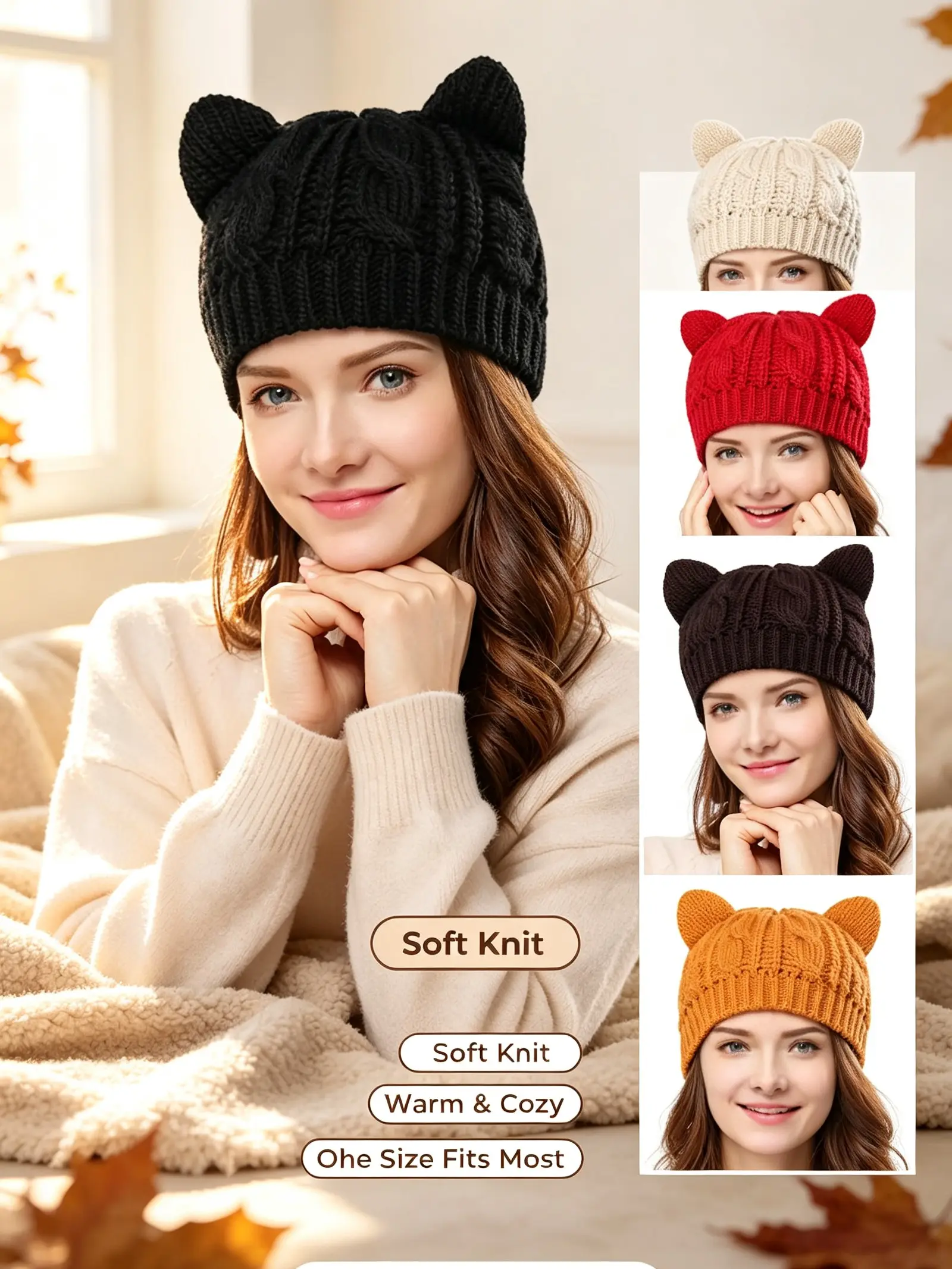 Handmade 3D Cat Ear Knitted Beanie - Women Cute Cat Ear Cable Knit Beanie, Warm Winter Knitted Hat, Fashion Soft Skull Cap, Casual Cold Weather Ear Hat for Ladies
