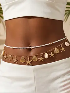 2 Piece Fashion Shell Starfish Pendant Waist Chain Set, Boho Style, Alloy Material, Plain Pattern, All Seasons Wear