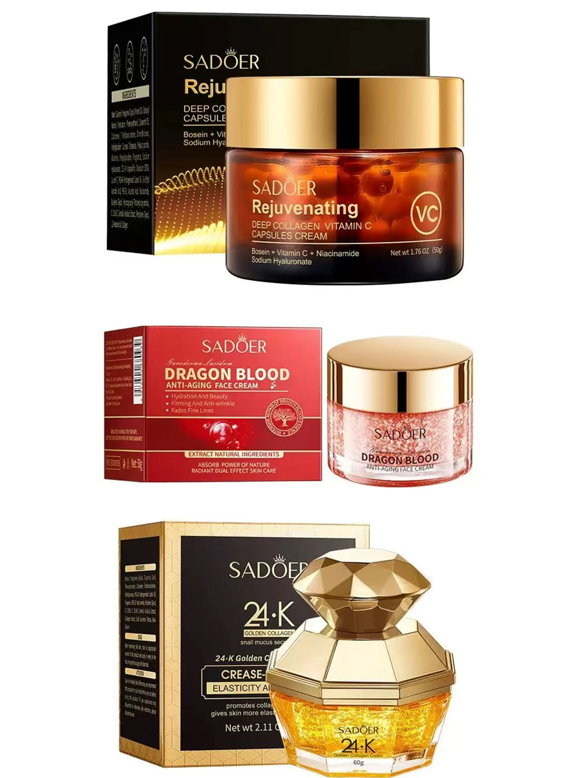 The Ultimate Age-Defying TRIO!  1. Repair (Reishi+Dragon‘s Blood) 2. Lift (24K Gold) 3. Brighten (Vitamin C). Your Complete Potent Ritual for Plump, Firm & Radiant Skin., Facial, Serum Set